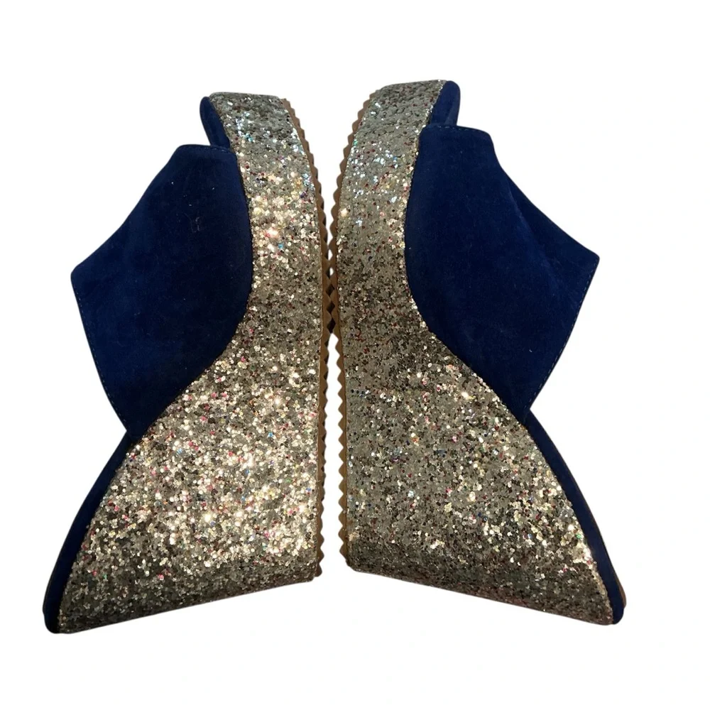 YRU Blue Silver Sequin Platform Wedges Y2K Party Glam Retro Size 36/ US 5.5-6